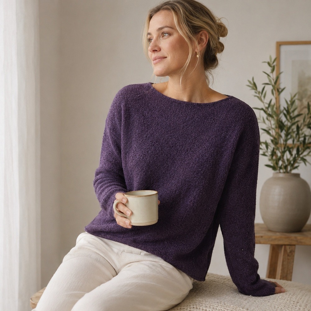 Eileen Fisher Boucle Boat Neck Sweater Purple Wool Blend Minimalist Size M